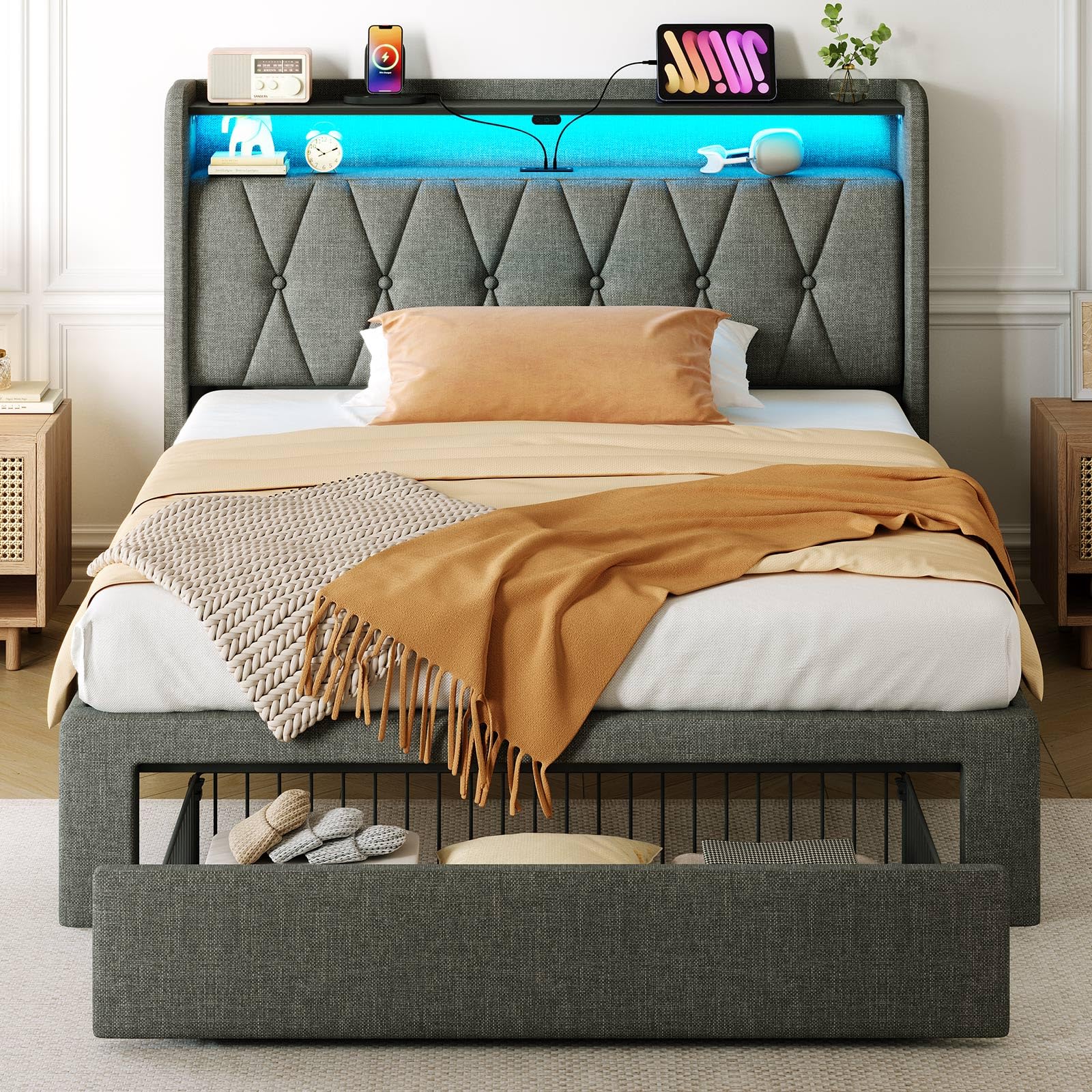Rolanstar Twin Bed Frame with Drawer, Storage Headboard with Charging Station and LED Lights, Upholstered Bed with Heavy Duty Wood Slats, No Box Spring Needed, Noise Free, Easy Assembly, Dark Grey Image
