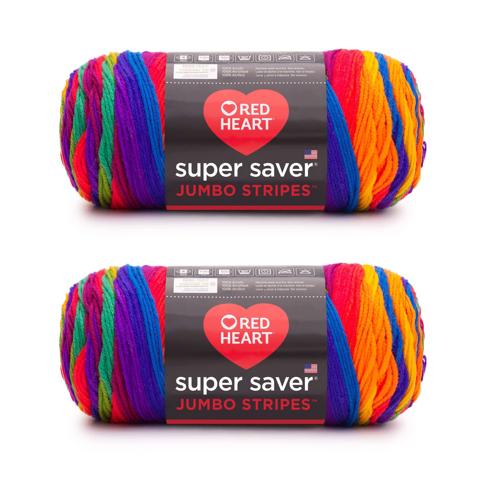 Red Heart Super Saver Jumbo Favorite Stripe Yarn - 2 Pack of 283g/14oz - Acrylic - 4 Medium (Worsted) - 482 Yards - Knitting/Crochet