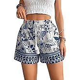 WDIRARA Women's Loose Boho Casual Summer Shorts Floral Print Elastic High Waist Knot Comfy Wide Leg Shorts