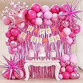Hot Pink Birthday Decorations for Women with White Hot Pink Light Pink Foil Balloons Banner Fringe Curtain for 21st 25th 27th 30th 35th 40th 50th 60th Happy Birthday Decorations