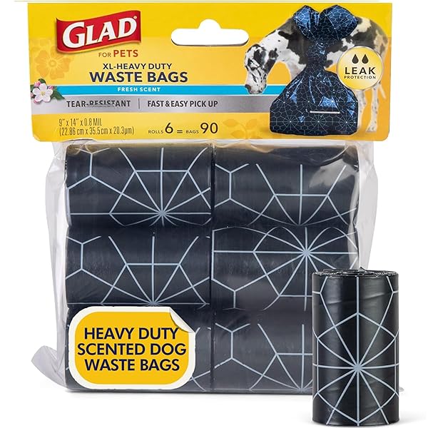 GLAD FOR PETS EXTRA LARGE DOG POOP BAGS 6 ROLLS, 90 COUNT, FRESH SCENT – HEAVY DUTY SCENTED POOP BAGS – TEAR RESISTANT DOGGIE POOP BAGS – SCENTED DOG POOP BAG ROLLS – BLACK POOP BAGS FOR DOGS