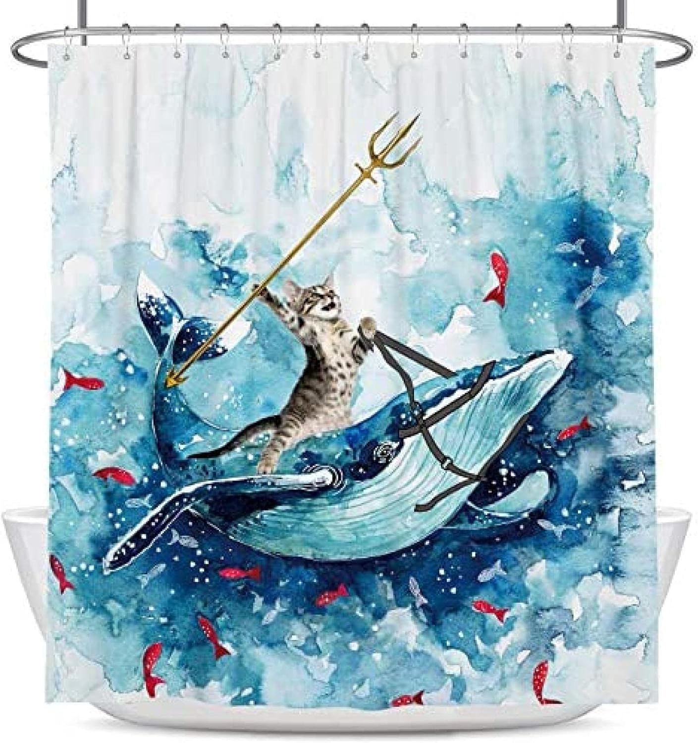 Funny Cat Riding Whale Waterproof Shower Curtains In Ocean Wave Pattern