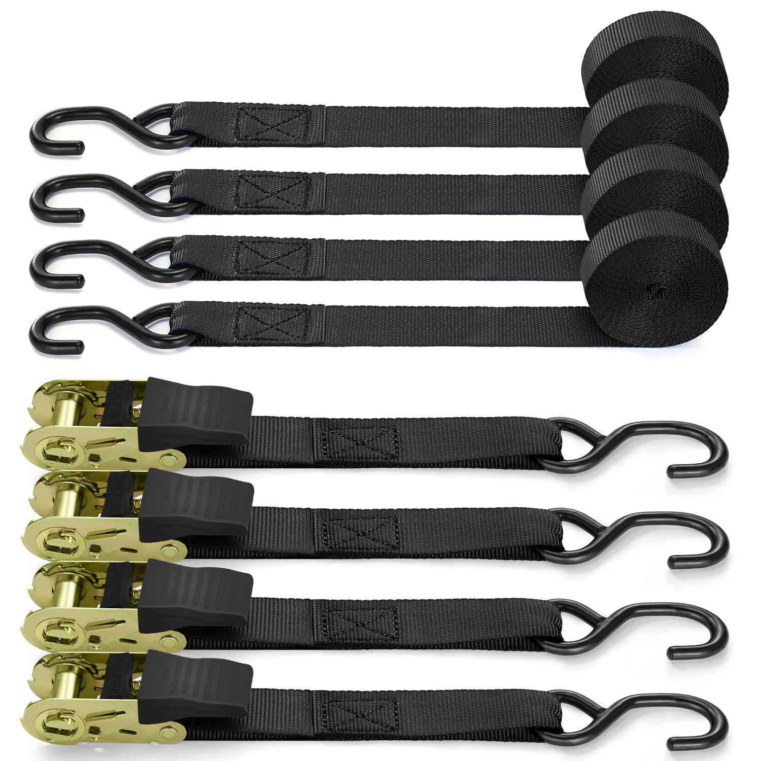 Ratchet Straps with Hook 4 Pack, Ohuhu 4.6m x 25mm 680kg Break Strength Heavy Duty Ratchet Tie Down Straps Lashing Straps with S Hook for Motorcycles/Car/Trailer, Black