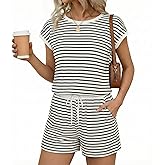 Ekouaer Womens Rompers for Summer Casual One Piece Short Jumpsuit 2026 Striped Cap Sleeve Beach Clothes Travel Outfits