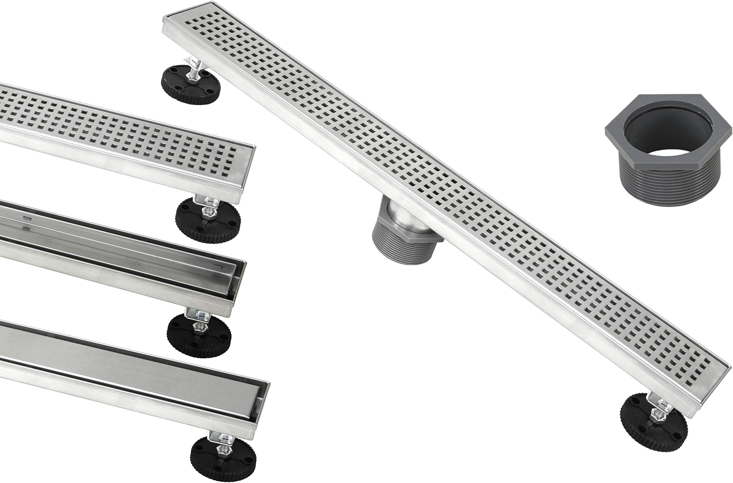 Shower Linear Drain 60 Inch โ Square Checker Pattern Grate โ Brushed 304 Stainless Steel โ Bonus 2 IN 1 Reversible Tile Insert & Flat Grate and Threaded Adaptor โ Adjustable Leveling Feet (60 Inch)