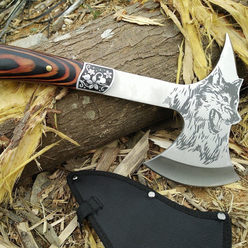 Promithi Camping Hatchet with Nylon Sheath, Axe Etched Wolf Head Stainless Steel with Wooden Grip, Outdoor Hunting Survival Hiking Tactical Axe Tomahawk, 13 Inch : Garden & Outdoor