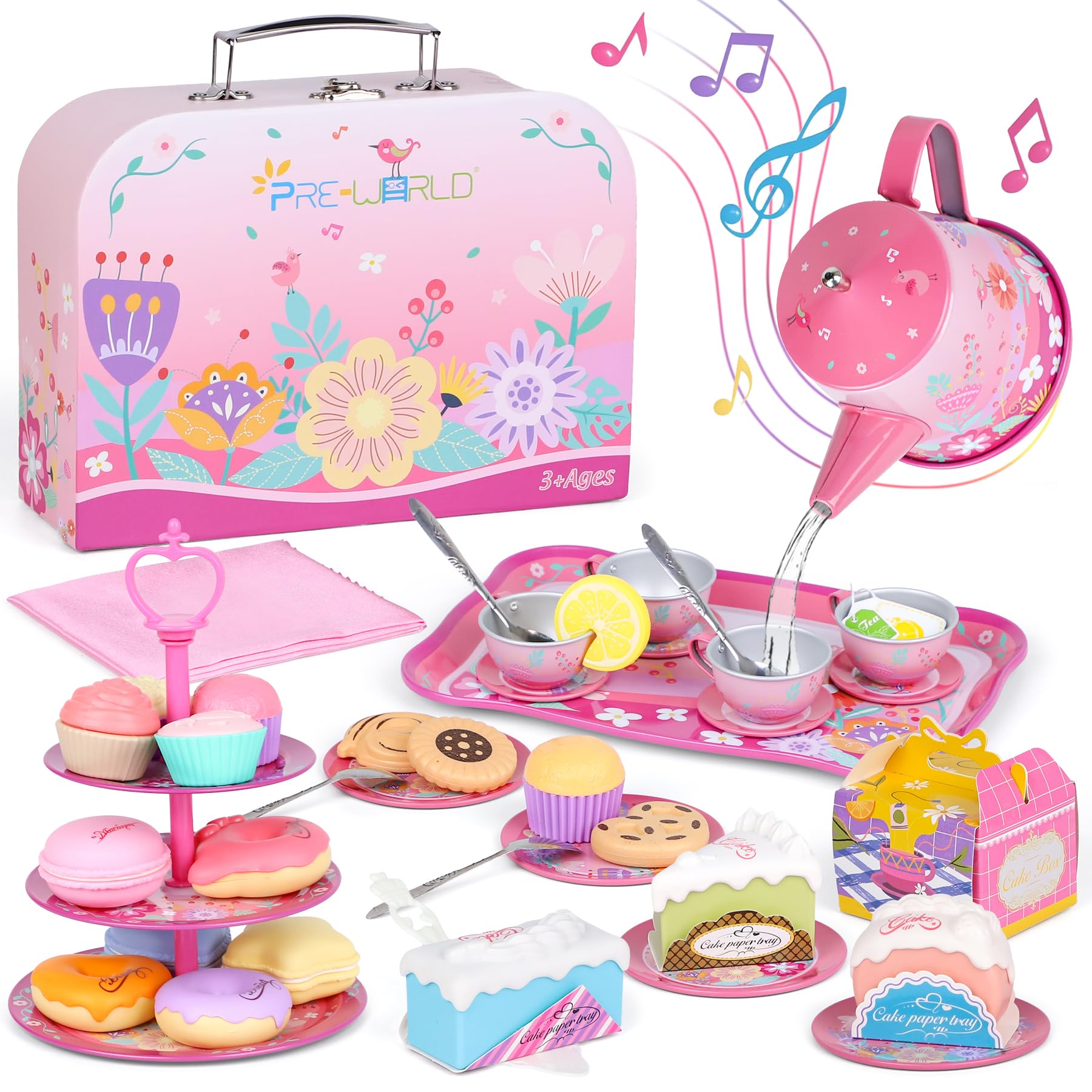 Tea Party Set for Toddles 3-5,PRE-WORLD Musical Kids Tea Set for Little Girls with Dessert,Cookies,Doughnut,Cake,Cake Stand,Tablecloth & Carrying Case,Kitchen Pretend Play Toys for Girls Boys Age 3-6 Image