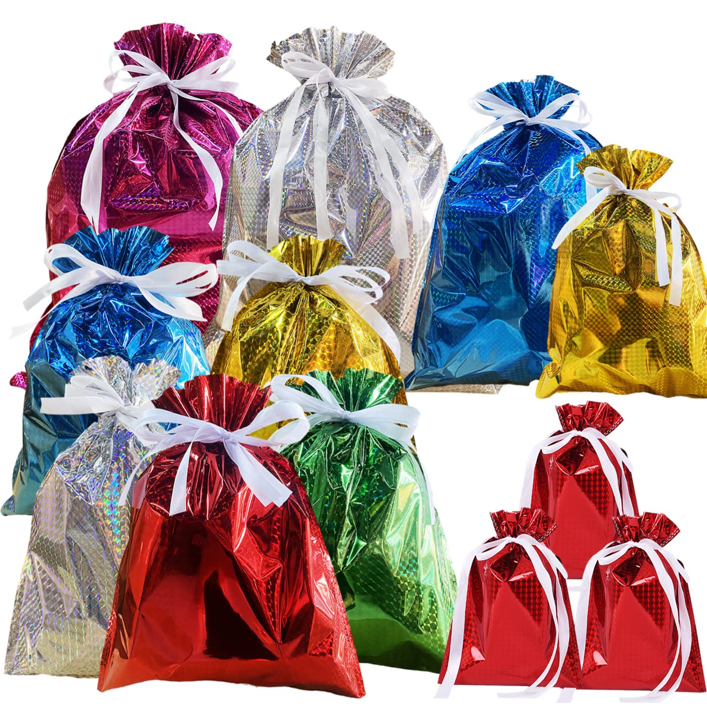 12 Pack Solid Color Foil Gift Bag Multipack Drawstring Gift Bags,6 Color Shimmer Wrapping Bags,Jumbo Xmas Bag,Reusable Large Christmas Foil BagsGift Wrapping Bagfor Presents Birthday Wedding Party