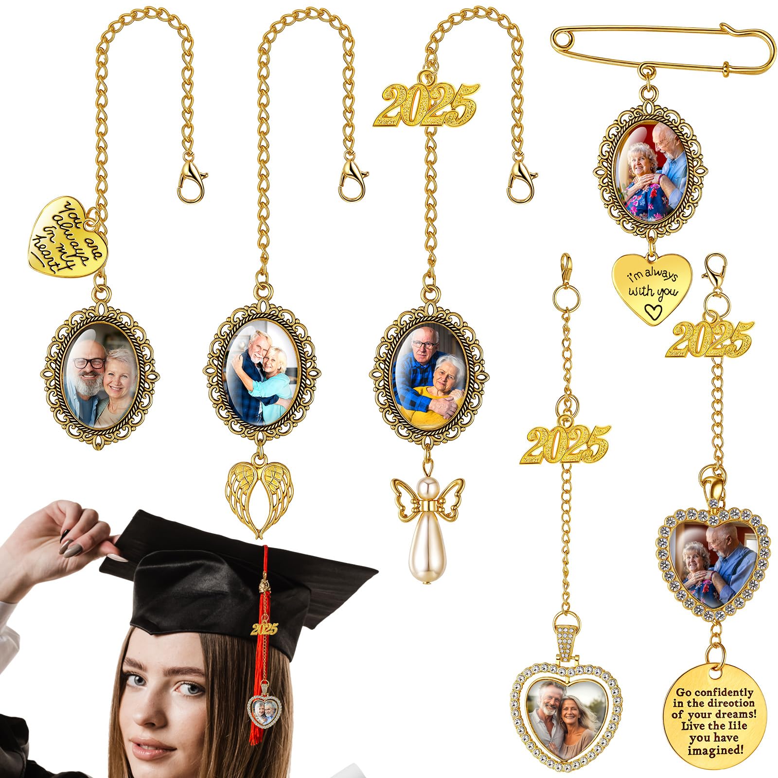 Photo 1 of Spakon 6 Pcs Graduation Cap Photo Charm Personalized Graduation Cap Decorations Memorial DIY Tassel Present for Grad Cap Picture Charm Cap Topper Class of 2025 Gown Ceremony(Golden)