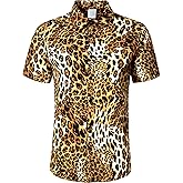 JG JENNY GHOO Men's Leopard Print Shirt Summer Short Sleeve Cheetah Animal Print Hawaiian Button-Down Shirts