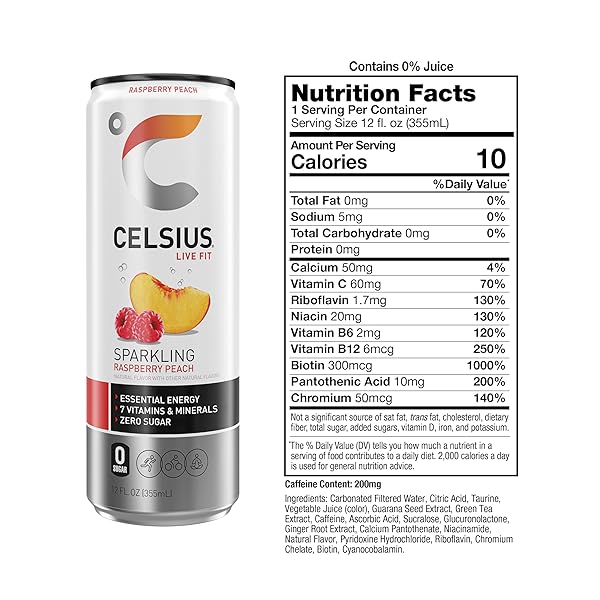 CELSIUS SPARKLING RASPBERRY PEACH, SUGAR FREE ENERGY DRINK, 12 FL OZ (PACK OF 12)