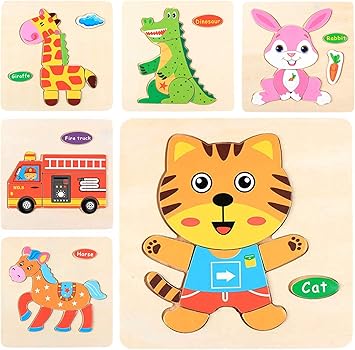 Simple Days Wooden Jigsaw Puzzles for Kids - Pack of 6 Different Patterns in A Frame Board (Set of 6 Puzzles)