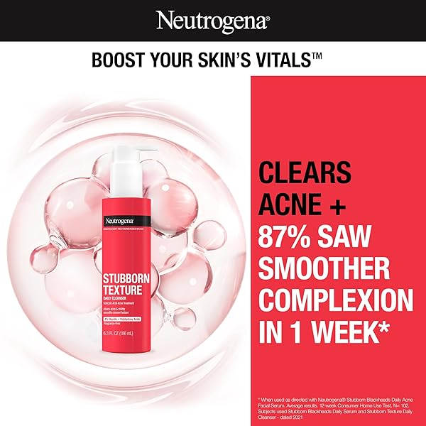 NEUTROGENA STUBBORN TEXTURE DAILY ACNE FACIAL CLEANSER, SALICYLIC ACID FACE WASH + GLYCOLIC & POLYHYDROXY ACIDS, FRAGRANCE-FREE, 6.3 FL. OZ