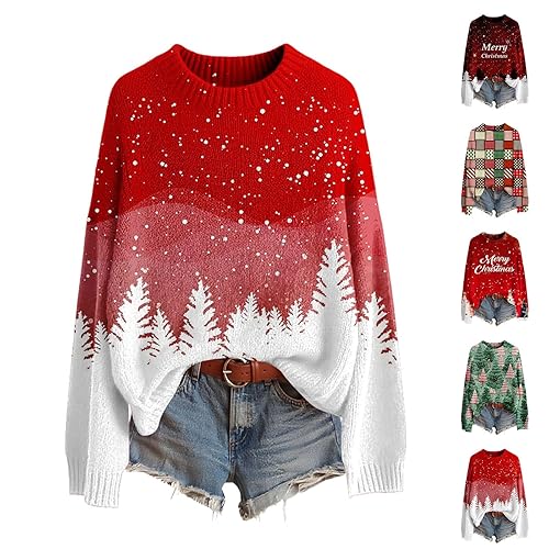 Chunky Sweater Women Thick Soft Essentials Printed Jumpers Trendy Long Sleeve Crew Neck Tops Stretch Curved Hem Warm Loose Fit Pullover Pretty Knitted Deer Plush Pullovers Autumn Winter Christmas