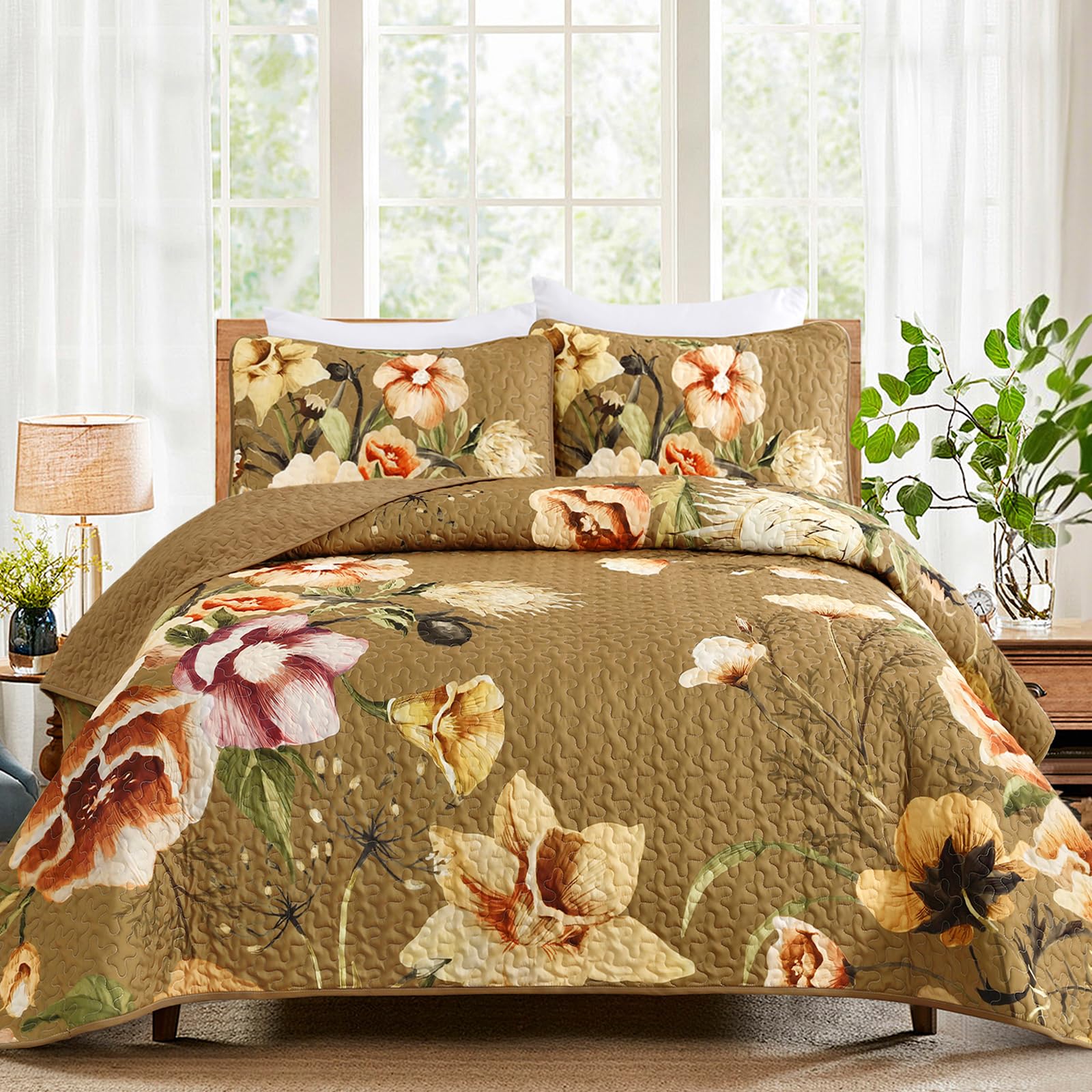 Drucon Brown Floral Quilt Set King Size 3 Pieces Brown Botanical Flower Quilt Coverlet Set Soft Microfiber Lightweight Quilted Bedspread for All Season 104"x90" Image