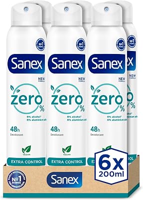 Zero% Extra Control Desodorante Spray, Pack 6 Uds x 200ml, Protección 48H, 0% Alcohol y 0% Sales de Aluminio, Ingredientes Antibacterianos, Inhibe la Formación de Olores Corporales