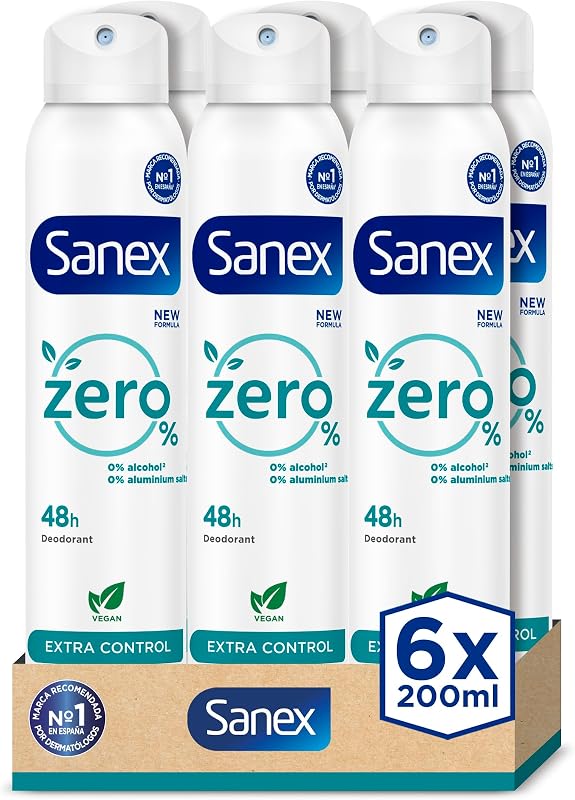 Sanex zero% extra control desodorante spray, embalagem 6 unidades x 200ml, proteção 48h, 0% álcool e 0% sais de alumínio, ingredientes antibacterianos, inibe a formação de odor corporal