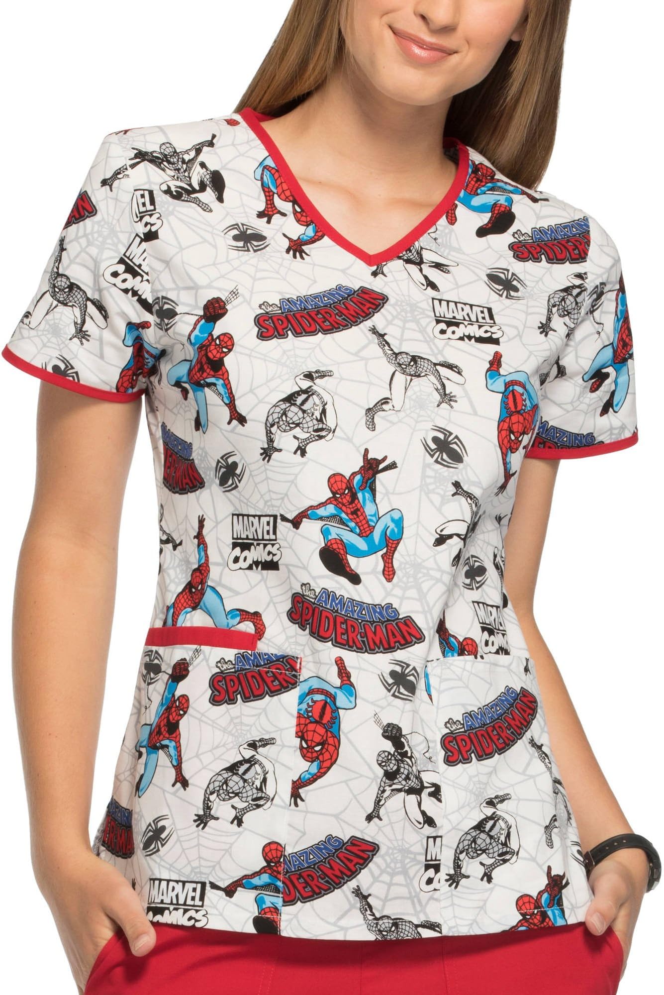 Womens Marvel Spider Man Fashion Collection Spin a Web Printed Scrub Top (3XL)