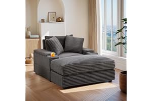 JEEOHEY Oversized Chaise Lounge Chair Indoor with Ottoman,43.3" W Corduroy Upholstered Modern Sofa Couch with Storage Spaces⋓ Holder,Comfy Reclining Sleeper Chair for Living Room,Office(Grey)