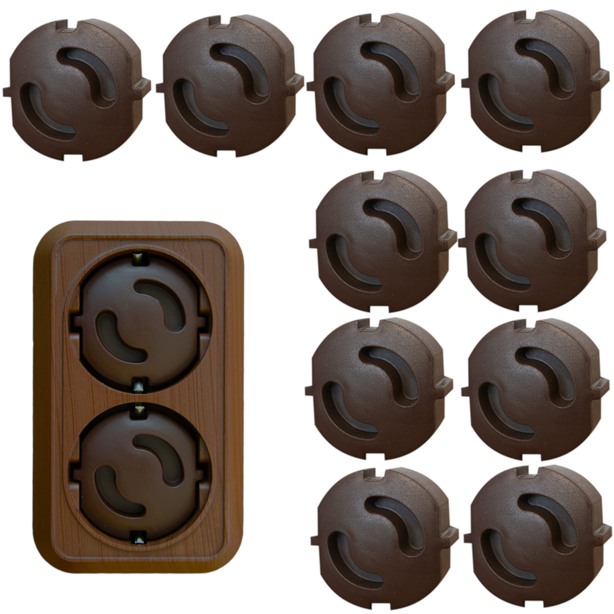 10 x Socket Protectors, Child Lock for Plugs, Child Lock for Sockets, Pack of 10, Socket Cover, Pluggable Sockets Cap, Made in EU (Black-Brown)