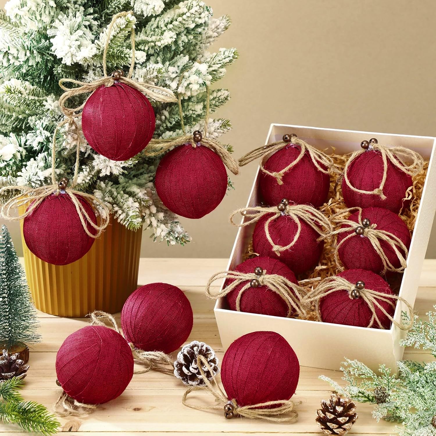 Photo 1 of Giegxin 12 PCS Burlap Christmas Ball Ornaments 3.15 Inch Farmhouse Christmas Decorations Rustic Xmas Tree Ornaments Burlap Hanging Neutral Decor for Xmas Tree Family Office Holiday Party(Buffalo Red)