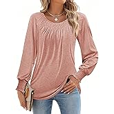 Chulianyouhuo Womens Long Sleeve Tops Spring Pleated Shirts Puff Sleeve Scoop Neck Blouse Ruffle Cuffs Dressy Casual Tunic
