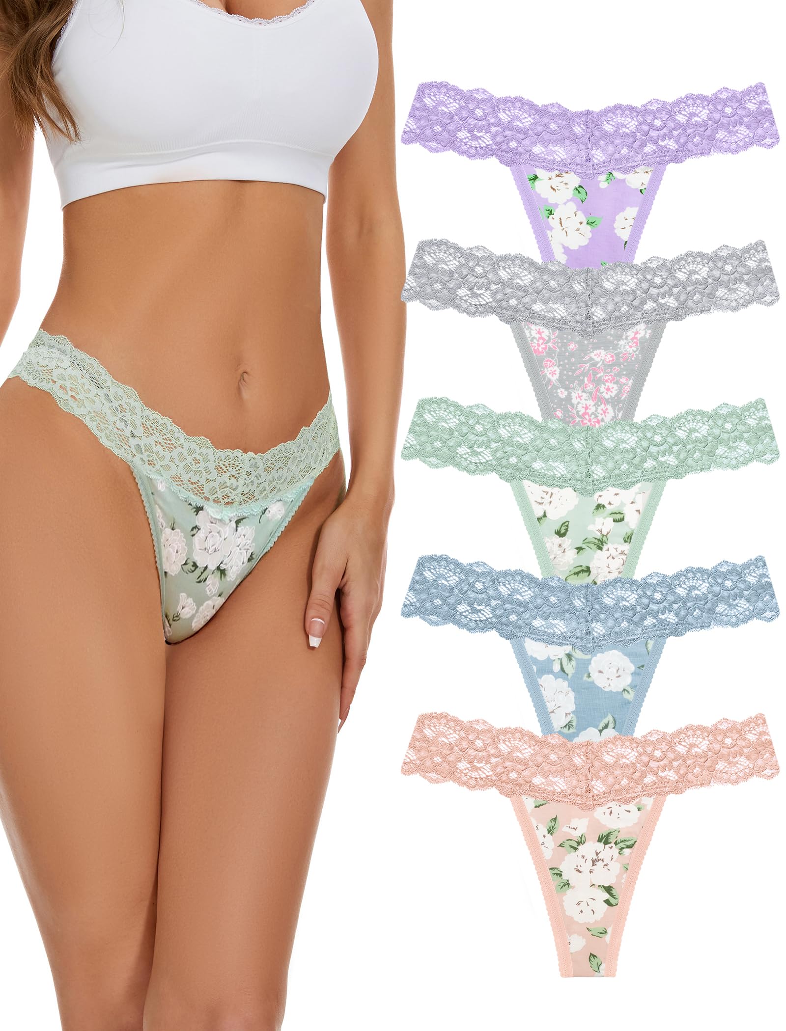 Photo 1 of voenxe Seamless Lace Thongs for Women No Show Thong Underwear,Lady Breathable Comfort Panty Soft Laser Cut Undie,Tanga,5-Pack Basic