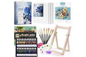 KOSEIBAL Acrylic Art Set, 41 PCS Painting Kit, Acrylic Paint Set for Kids, Painting Supplies with 24 Acrylic Paints, 1 Wooden Easel , 4 Canvas Panels, 8 Paint Brushes, Drawing Pad, Art Supplies for Kids Adults