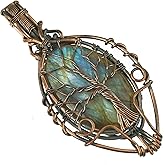 Copperie Tree of Life Natural Labradorite Gemstone Pendant Copper Wire Wrapped Jewelry Necklace 20" Copper Chain