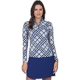 IBKUL Athleisure Wear Sun Protective UPF 50+ Icefil Cooling Tech Sonika Print Long Sleeve Mock Neck Top – 10653 Blue/Navy Sonika XL