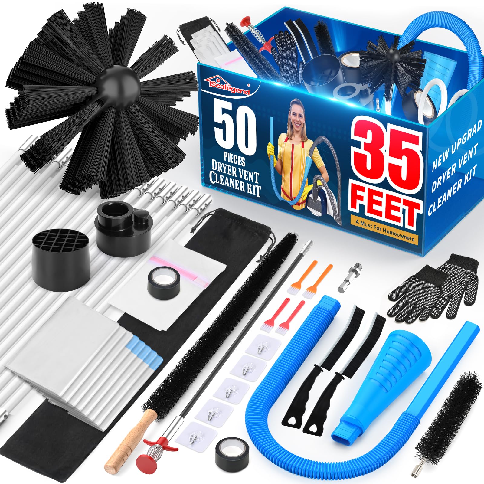 Photo 1 of *MISSING PARTS*
Sealegend 50-Pieces 35-Feet Dryer Vent Cleaner Kit, Dryer Cleaning Tools, Include Omnidirectional Blue Dryer Lint Vacuum Attachment, Dryer Vent Brush, Universal Vacuum & Dryer Adapters