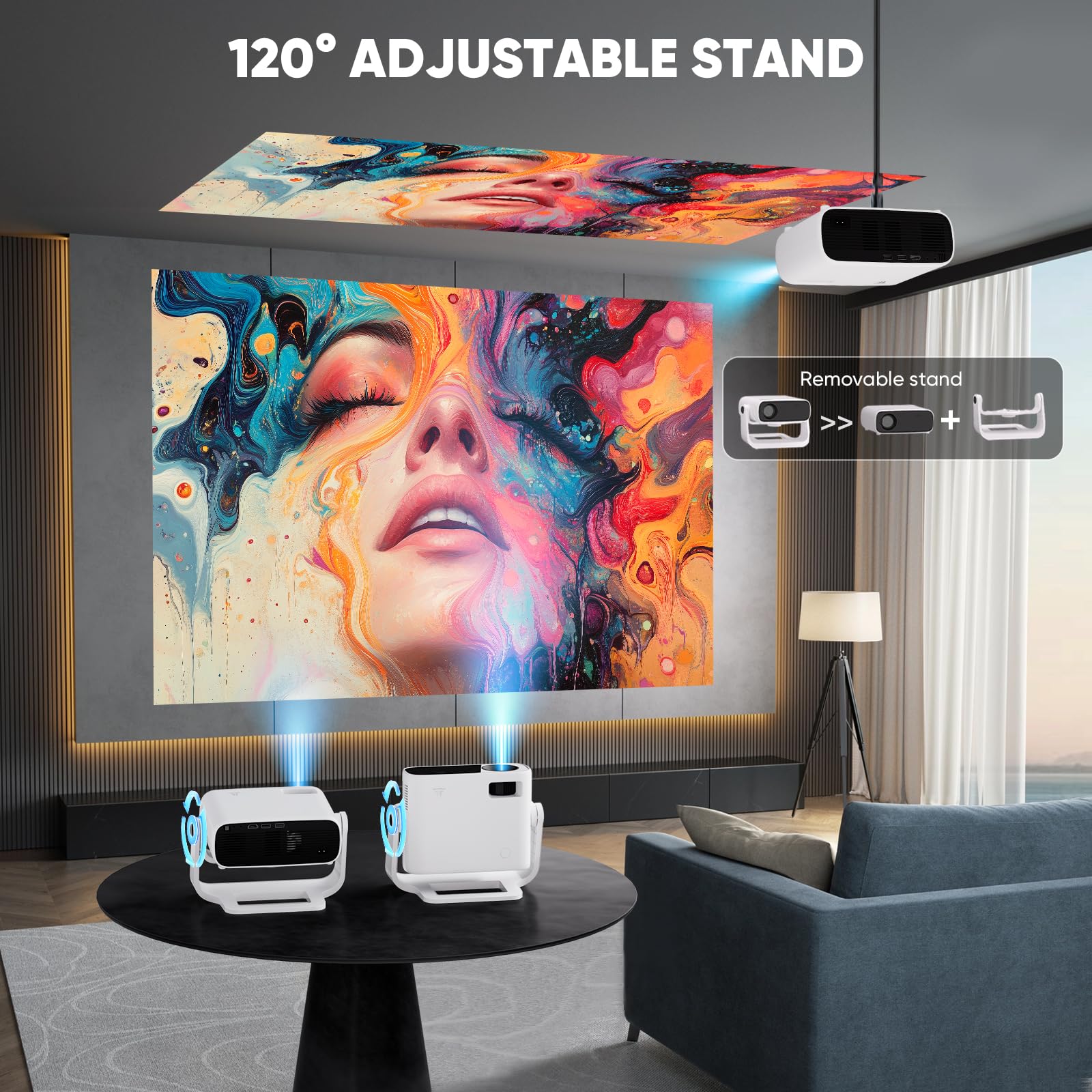 Smart Projector with WiFi 6 and Bluetooth Built-in Apps - 4K Support Portable Bedroom Mini Projector Native 1080P , 2025 New Auto Keystone & Zoom Home Theater Cinema Movie Proyector, 120° Stand