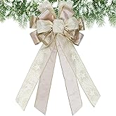 YKW Large Christmas Bow 21"x11" Cream Gold Glitter Tree Topper Wreath Door Holiday Decoration Premium Handmade Velvet Ribbon Indoor Outdoor Home Fireplace Gift Wedding Party Farmhouse Decor