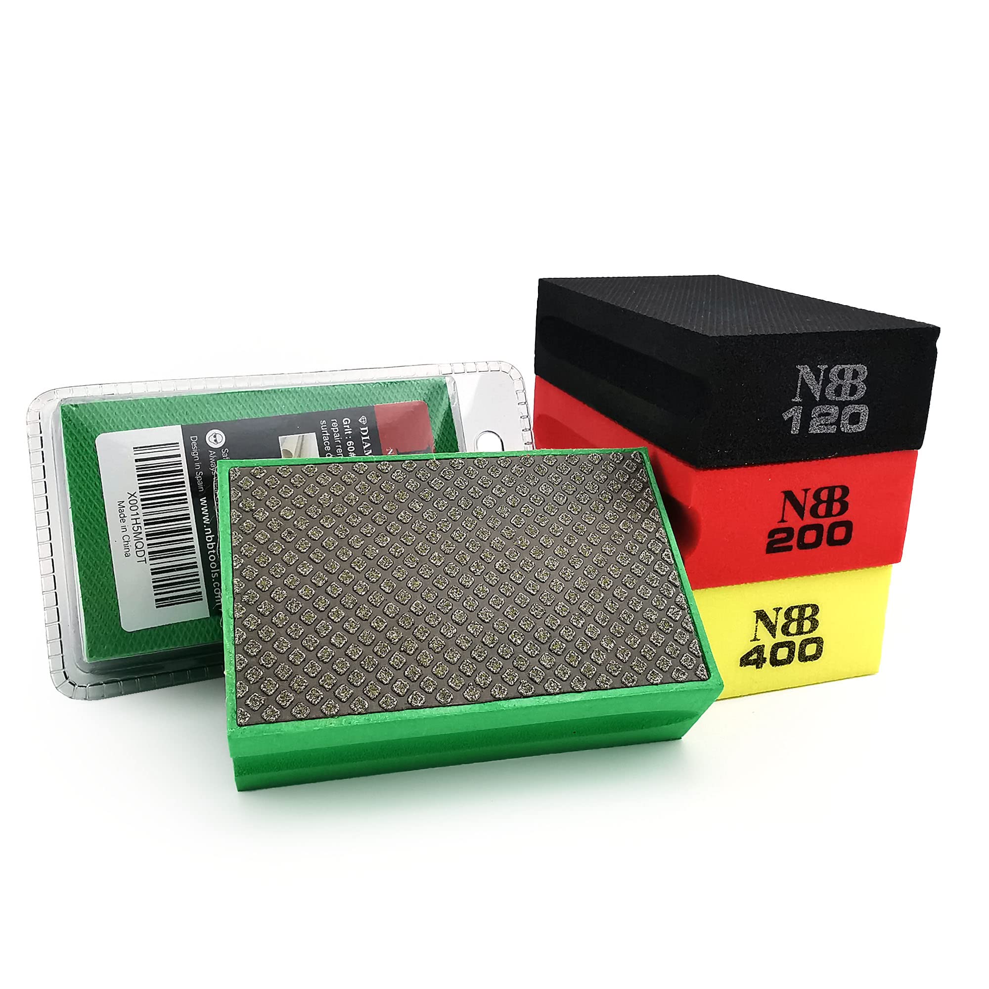 NBB Diamond Sanding/Polishing Pad Diamond Hand Buffing Pad Sanding Block with Foam Sponge Backing for Buffing and Grinding Sharp Edges and Plane of Granite Marble Stone Glass Ceramic(60/120/200/400#)