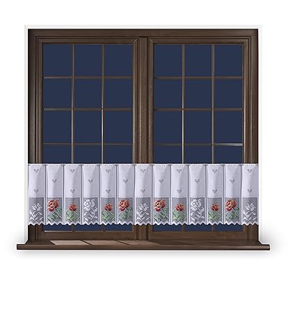 Scheibengardine Weiß Vintage 40/60 cm Hoch Vorhang Bistrogardine 120 cm Breit Blickdicht Stange Küchenvorhang Kurz Modern Rot