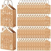 Tenceur 48 Pieces Christmas Paper Gift Bags Gingerbread House Shaped Candy Goodies Xmas Kraft Paper Treat Bags with Handles for Christmas Holiday Party Favors Supplies