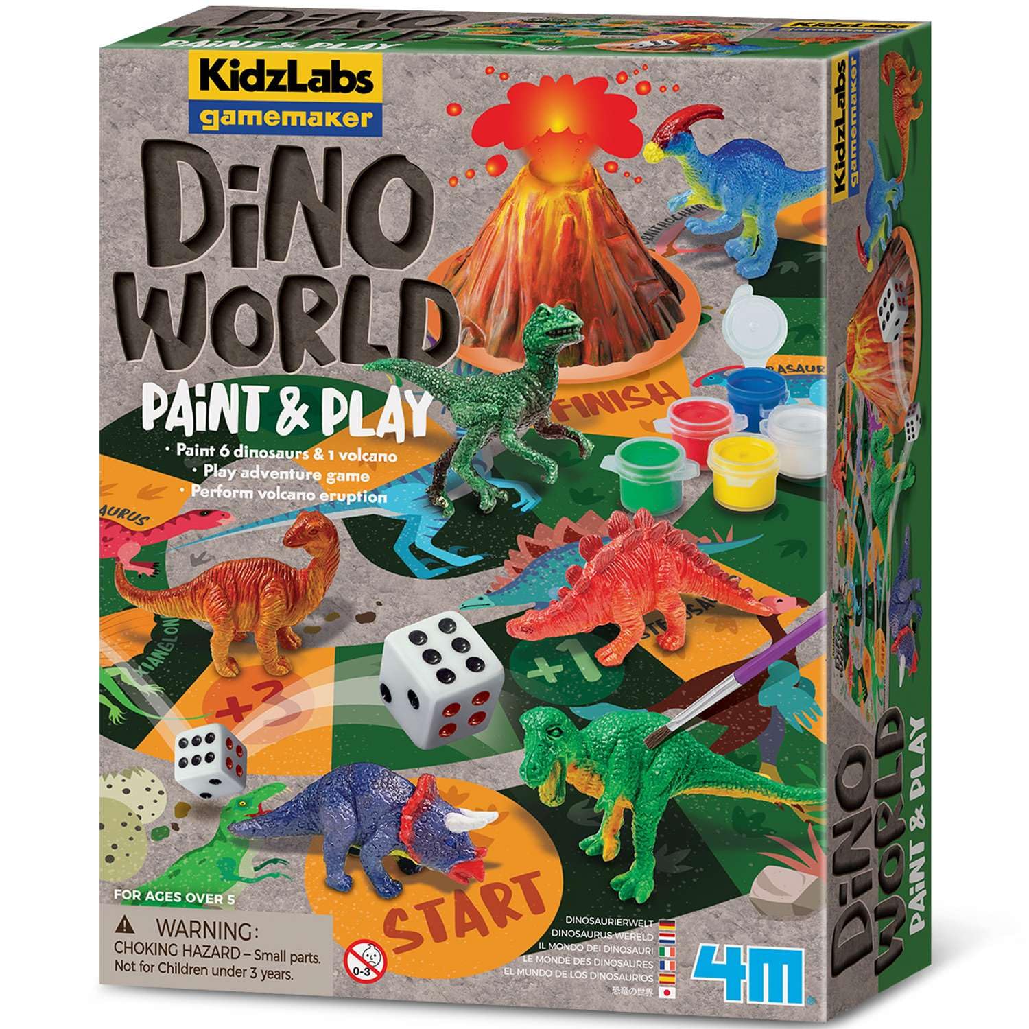 4M KidzLabs Gamemaker Dino World for Kids | Dinosaur Toy Set with Erupting Volcano, 6 Dino Figures, Paints, Board Game Sheet & Dice | Educational STEM Gift for Boys & Girls Age 5+