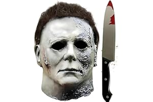 OZLON Michael Myers Mask with Plastic Knife, Adult Latex Mike Myers Face Masks With Hair For Halloween Scary Cosplay Costume