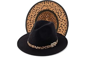 HUDANHUWEI Women's Wide Brim Felt Fedora Panama Hat with Leopard Belt Buckle