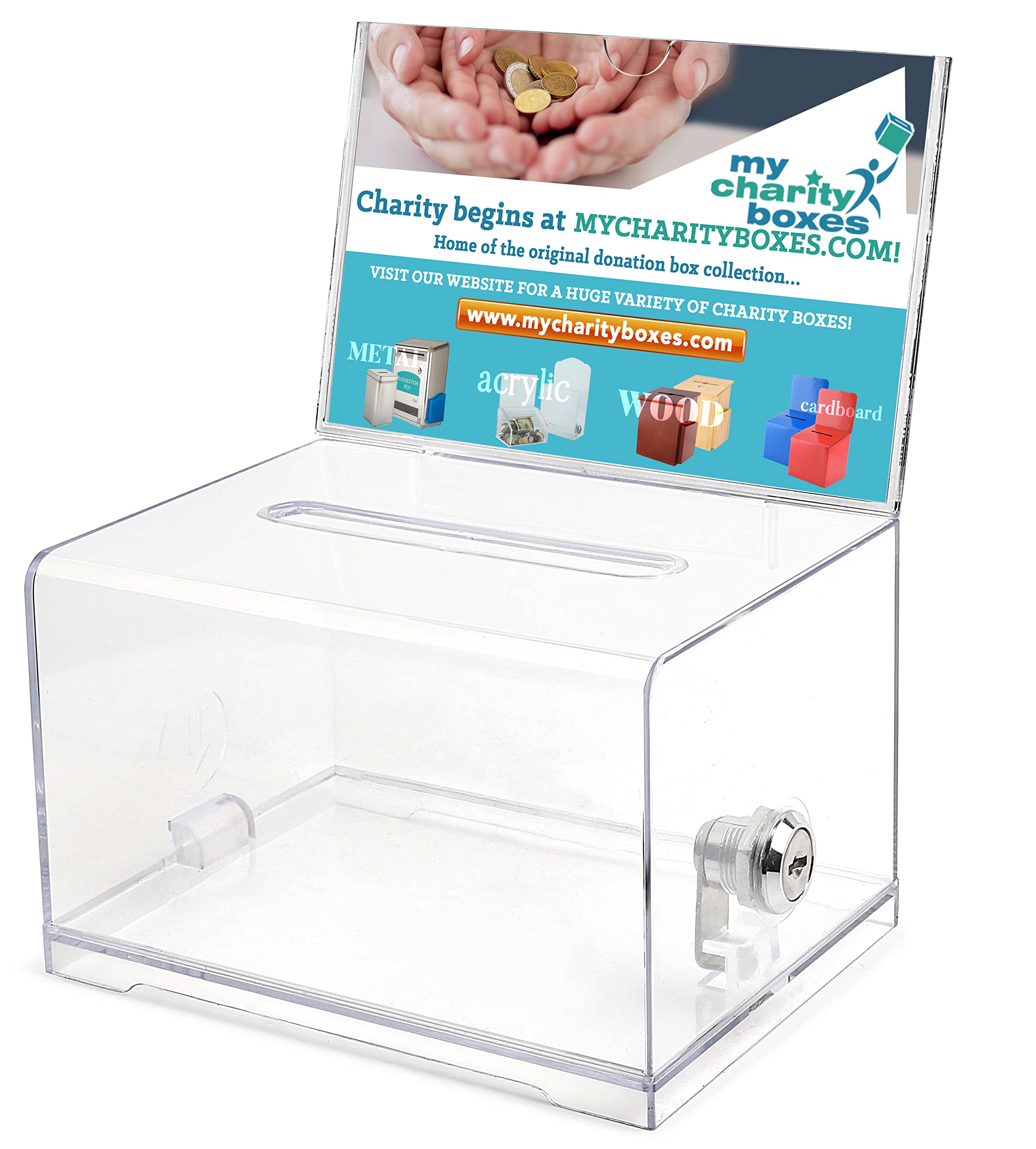 My Charity Boxes MCB Quality Acrylic like Donation and Suggestion Ballot Box with Lock - Secure and Safe Drawing ticket Box - Great for Business Cards and events (Clear) (AC-32)