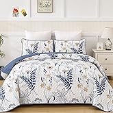 Anibedding Navy Blue Quilt Set Queen Size, 3 Pieces Bedspread Queen Lightweight Microfiber Reversible Blue Plants Coverlet Set Home Decor for All Seasons(96"x90")