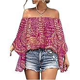 BEAUDRM Women's Y2K Floral Off Shoulder Blouse Boho Shirt Ruffle Half Bell Sleeve Blouses Shirred Vacation Beach Shirt
