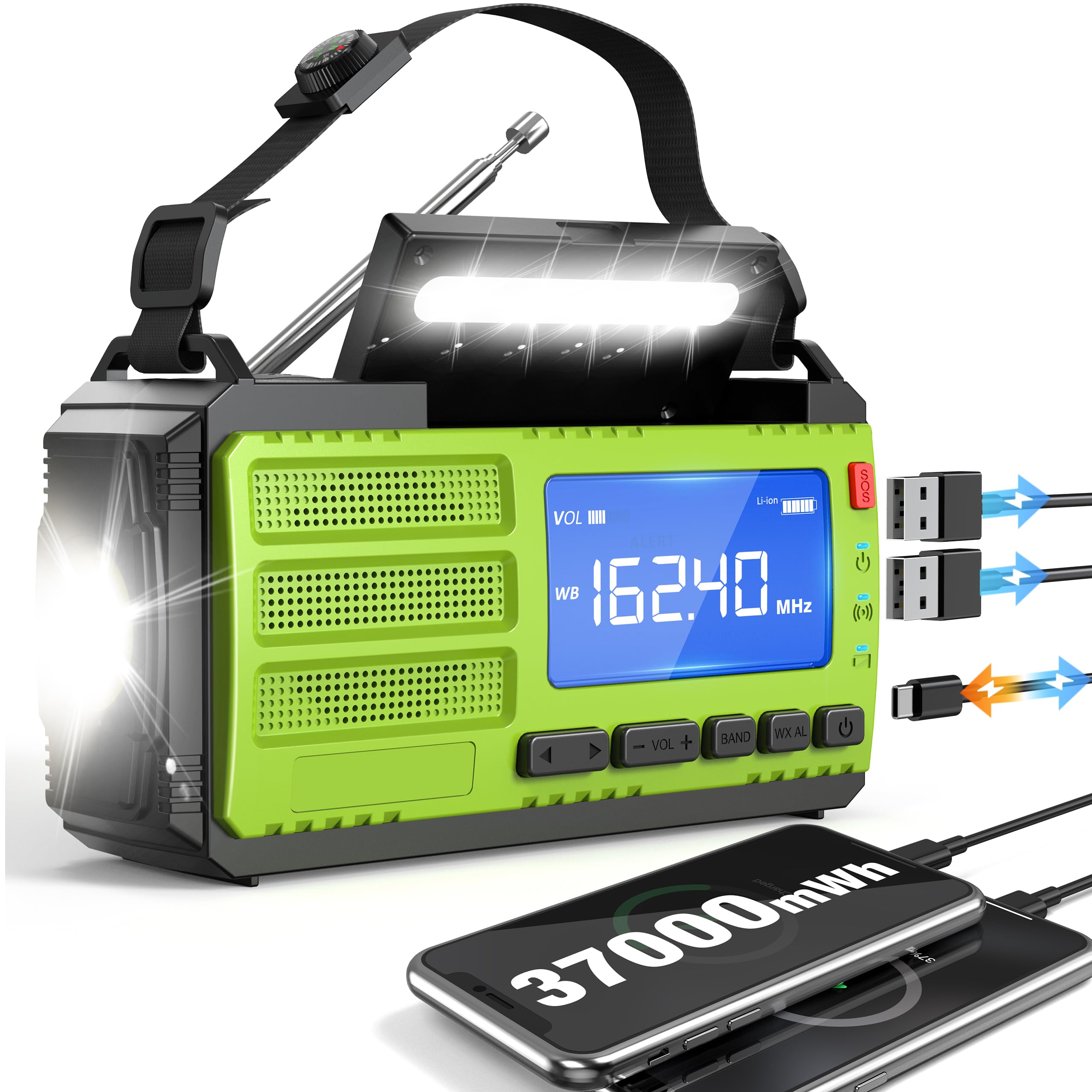 Photo 1 of 10000wAh/37000mWh Hand Crank Emergency Radio, AM FM NOAA Weather Alert Radio, Portable, Solar, 4 Charging Methods, 3-Mode Flashlight, Reading Lamp, SOS Alarm, Phone Charger for Winter Storm Emergency