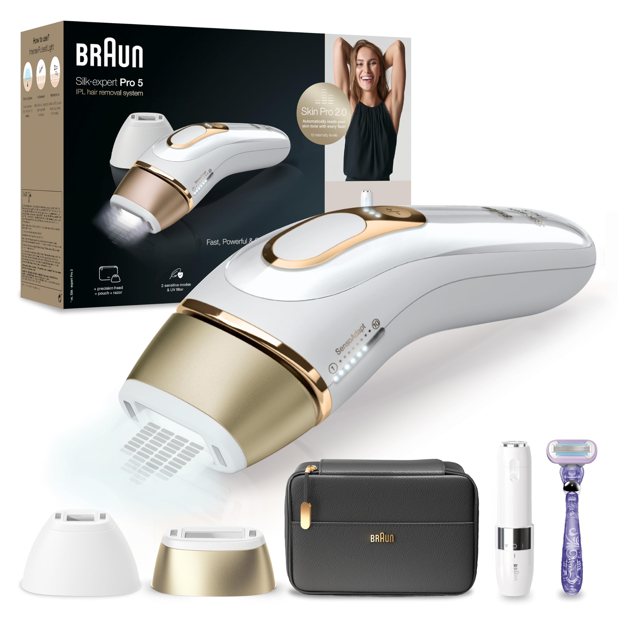 Braun Silk-expert Pro 5 Depiladora Mujer/Hombre Luz Pulsada IPL, Cabezal de Precisión Ancho y Maquinilla de Afeitar Venus, Alternativa a la Depilación Láser en Casa, PL 5149, Blanca/Dorada