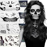 Fake Zombie Skull Mouth Face Tattoos for Women Men Halloween Makeup, Day of the Dead Fake Wound Scars Witch Temporary Tattoos Sticker for Halloween Cosplay Party 4 Sheets
