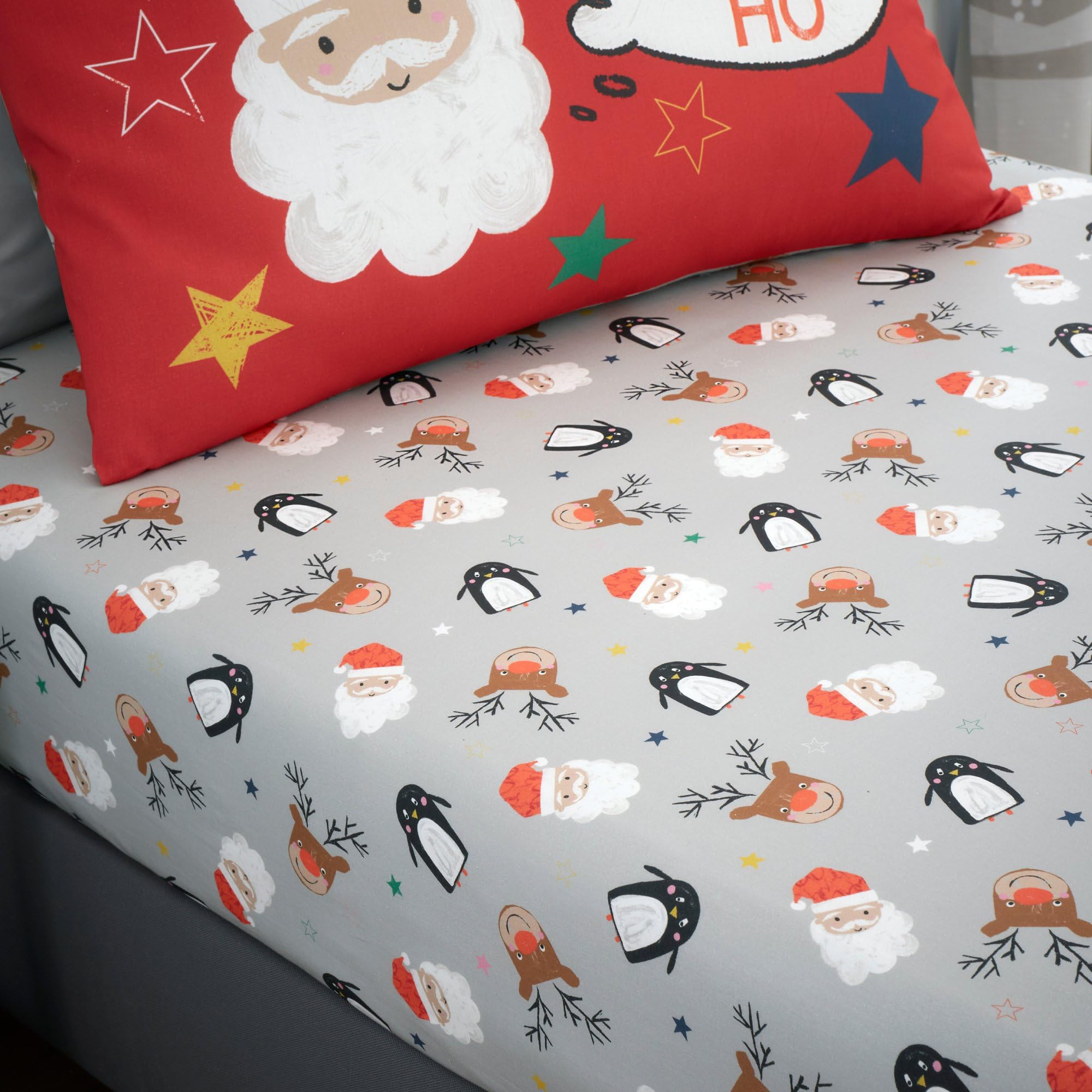 Bedlam Kids Christmas Fitted Sheet – 190 x 95 x 25cm – Grey Festive Bed Sheet with Santa, Reindeer & Penguin Design