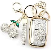 Rayslesan Sparkly Key Fob Cover with Cherry Keychain, Bling TPU Smart Key Case for Women, Compatible with Land Rover LR2 LR4 Range Rover Discovery Jaguar XJ XF XK (5-Button, Gold White)