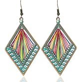 Rainbow Thread Geometric Dangle Earrings: Bronze &amp; Teal Bohemian Multi Color Jewelry for Women
