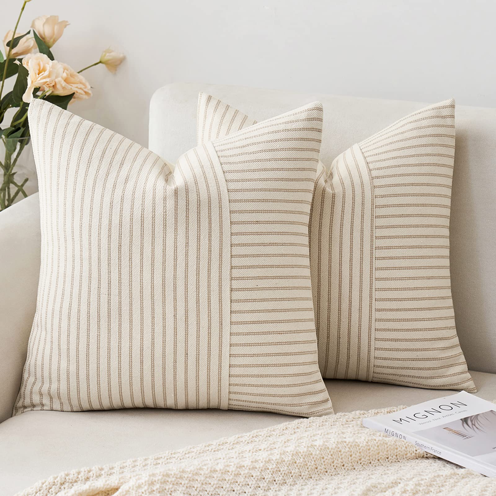 Photo 1 of MIULEE Khaki and Beige Patchwork Farmhouse Pillow Covers 24x24 Inch, Pack of 2 Striped Linen Decorative Eruo Sham Modern Accent Pillow Cases for Sofa Couch Bedroom