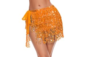 Ammiko Sequin Skirt Fringe Wrap Skirts Sparkly Belly Dance Hip Scarf Tassel Skirt Party Rave Costume for Women Girls